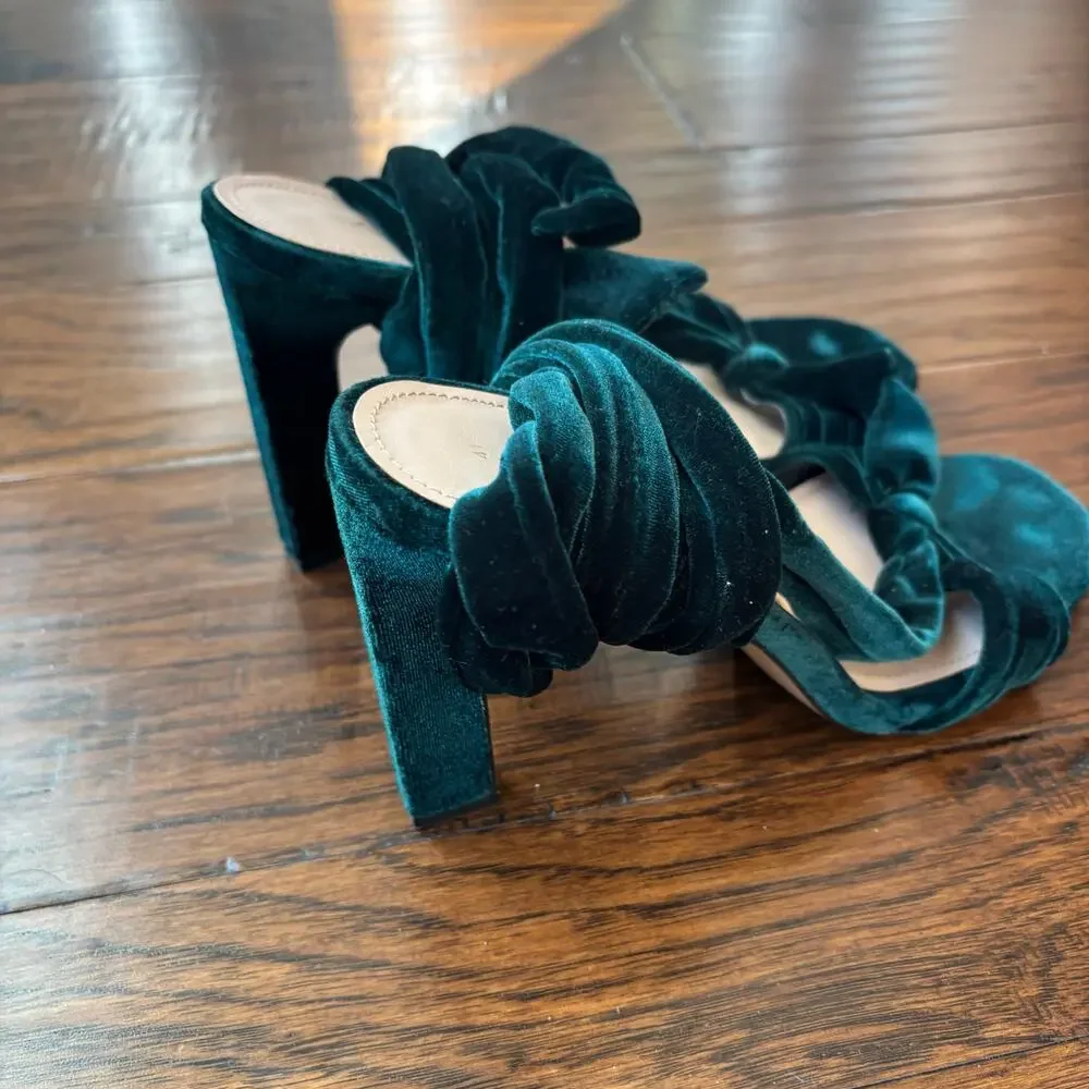 ZARA Emerald Green Velvet Bow Sandals Lace Up Ankle Tie Block Heels Size‎ 10